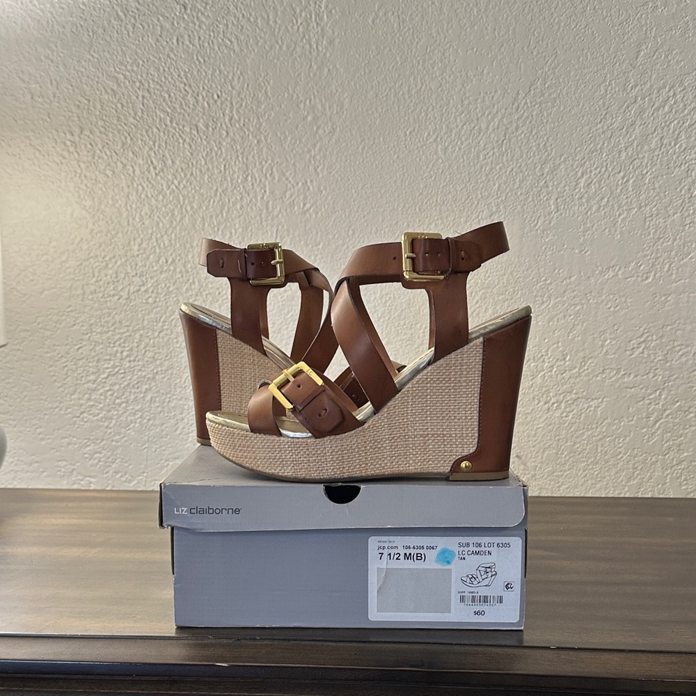 Liz Claiborne Brown Wedge Sandals with Gold Buckles